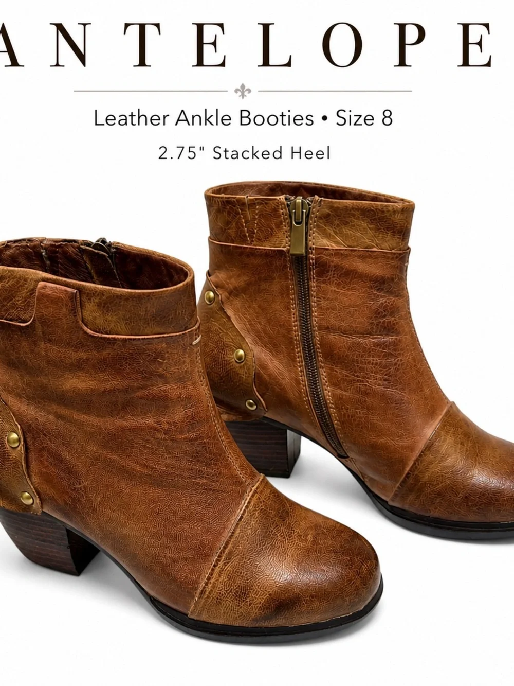 Antelope Leather Ankle Boots Women’s Size 8 Brown Boho Western Stacked Heel